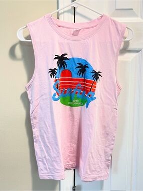 Pink Sleeveless Graphic Tank with Sunset Palm Print for Girls